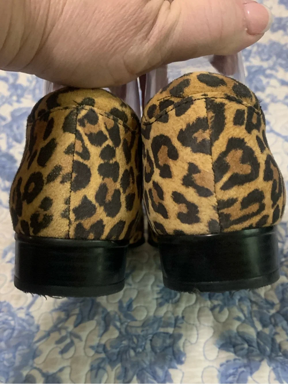 Clarks Leopard Print Slip-On Loafers with Black Elastic Cross Strap
